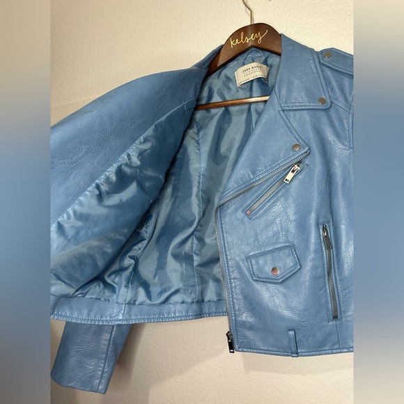 Zara Basics Size Small Blue Faux Leather Jacket - Picture 3 of 5